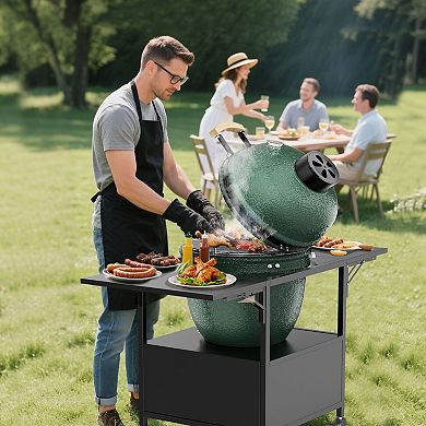 Kamado Grill Stand with Folding Side Shelves, Storage Shelf and Locking Wheels