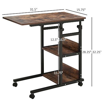 C-Shaped Rolling Sofa Table with 3 Shelves, Adjustable Height