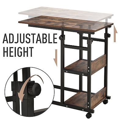 C-Shaped Rolling Sofa Table with 3 Shelves, Adjustable Height