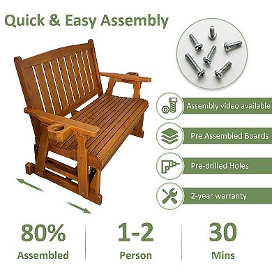 Fortune Candy Wooden Patio Glider, with Cup Holders, Solid Fir Wood, 2-Seater
