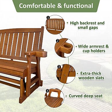 Fortune Candy Wooden Patio Glider, with Cup Holders, Solid Fir Wood, 2-Seater