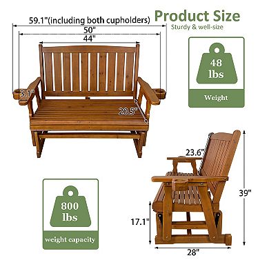 Fortune Candy Wooden Patio Glider, with Cup Holders, Solid Fir Wood, 2-Seater