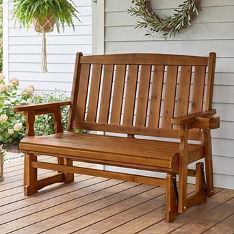 Fortune Candy Wooden Patio Glider, with Cup Holders, Solid Fir Wood, 2-Seater