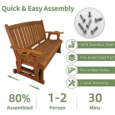 Fortune Candy Wooden Patio Glider, with Cup Holders, Solid Fir Wood, 3-Seater