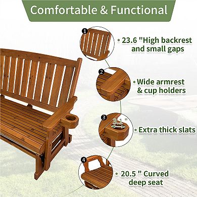 Fortune Candy Wooden Patio Glider, with Cup Holders, Solid Fir Wood, 3-Seater
