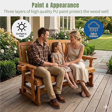 Fortune Candy Wooden Patio Glider, with Cup Holders, Solid Fir Wood, 3-Seater