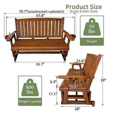 Fortune Candy Wooden Patio Glider, with Cup Holders, Solid Fir Wood, 3-Seater