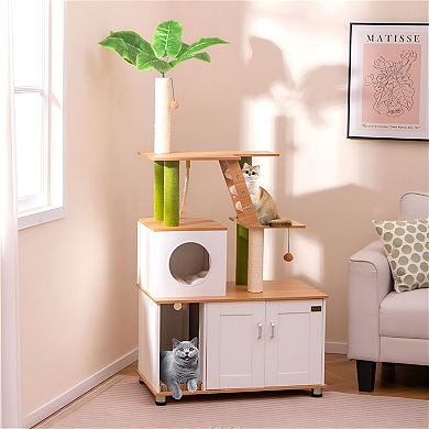 Cat Tree with Litter Box Enclosure, Condo, Platforms and Sisal Scratching Posts