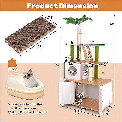 Cat Tree with Litter Box Enclosure, Condo, Platforms and Sisal Scratching Posts