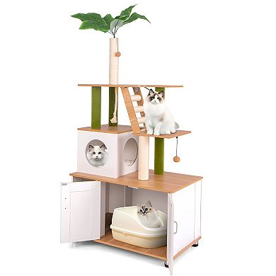 Cat Tree with Litter Box Enclosure, Condo, Platforms and Sisal Scratching Posts