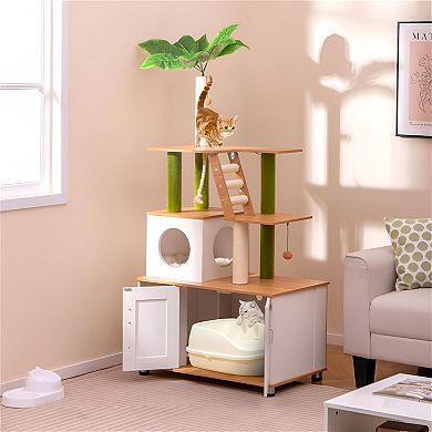 Cat Tree with Litter Box Enclosure, Condo, Platforms and Sisal Scratching Posts