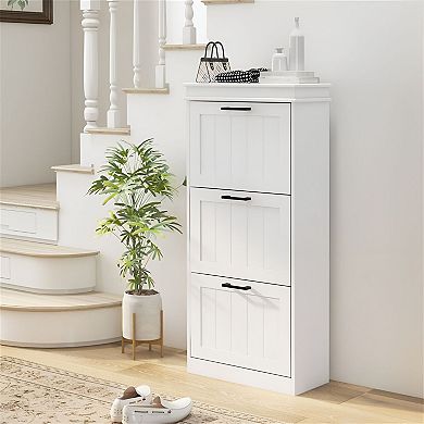 Entryway Shoe Organizer Cabinet with 3 Tilt-Out Drawers and Compact Design - White