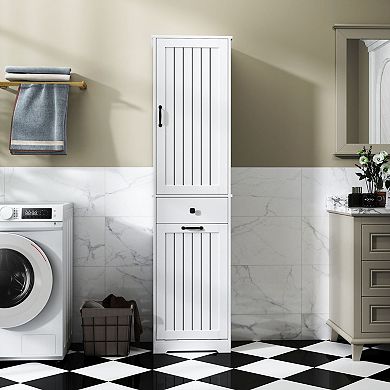 Freestanding Laundry Hamper Cabinet, Tall Narrow Storage with Drawer and Bag