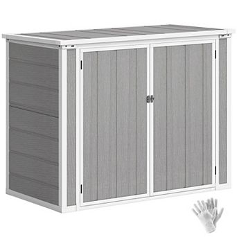 Bin Storage Shed with Lockable Doors and Pair of Gloves for Patio or Backyard Use