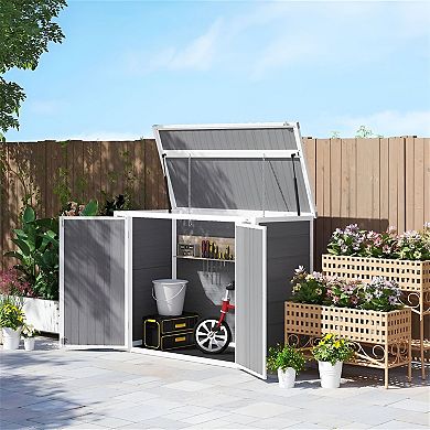 Bin Storage Shed with Lockable Doors and Pair of Gloves for Patio or Backyard Use