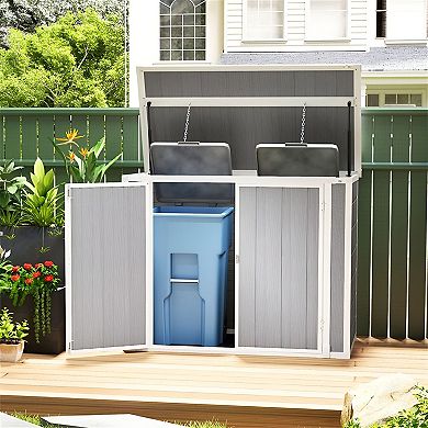 Bin Storage Shed with Lockable Doors and Pair of Gloves for Patio or Backyard Use