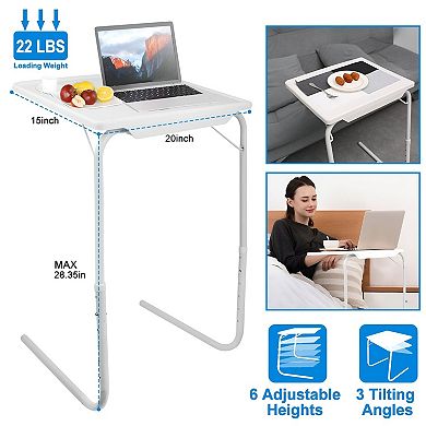 Adjustable Overbed Laptop Table with Tilt Top, Rolling Bed Desk for Couch - White
