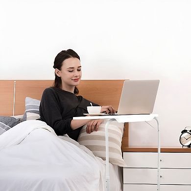 Adjustable Overbed Laptop Table with Tilt Top, Rolling Bed Desk for Couch - White