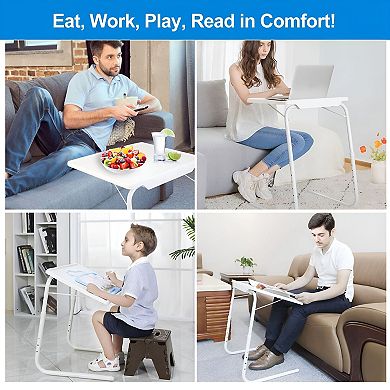 Adjustable Overbed Laptop Table with Tilt Top, Rolling Bed Desk for Couch - White