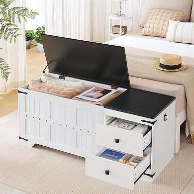 Storage Bench with 2 Drawers, Thick Top Seating, Industrial Metal Accents for Living Area
