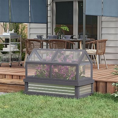 Backyard Raised Planter with Wood Frame Greenhouse and Openable Roof Panel