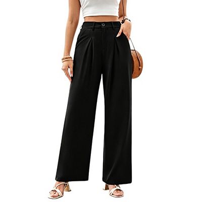 pleated front dress pants Costeam Womens Wide Leg Dress Pants High Waisted Pleated Front with Belt  Side Pockets Straight Leg Loose Fit Soft Comfy Elegant Long Trousers Smooth  Drapey Bottoms
