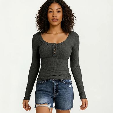 Women's Long Sleeve Ribbed Knit Top with Scoop Neck Button Front Henley Style Fitted Stretch