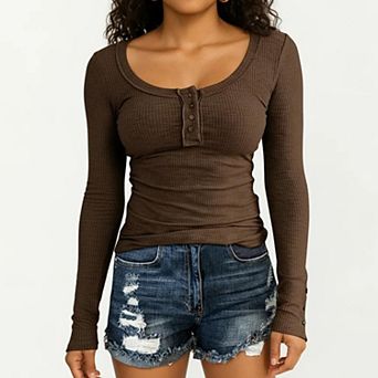 Women's Long Sleeve Ribbed Knit Top with Scoop Neck Button Front Henley Style Fitted Stretch