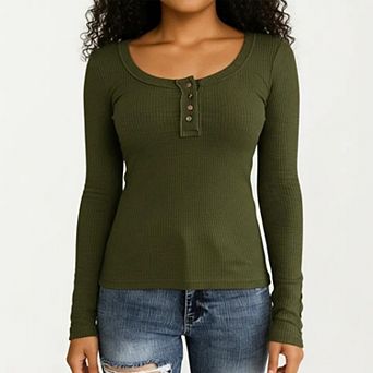 Women's Long Sleeve Ribbed Knit Top with Scoop Neck Button Front Henley Style Fitted Stretch