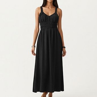 Women's Sleeveless Maxi Dress with Elastic Smocked Waist Gathered Bust Flowy A-Line Silhouette