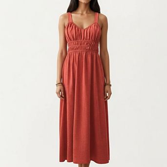 Women's Sleeveless Maxi Dress with Elastic Smocked Waist Gathered Bust Flowy A-Line Silhouette