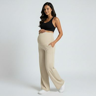 Women's High Waist Maternity Wide Leg Pants with Over Belly Panel Soft Stretch Lounge Pants