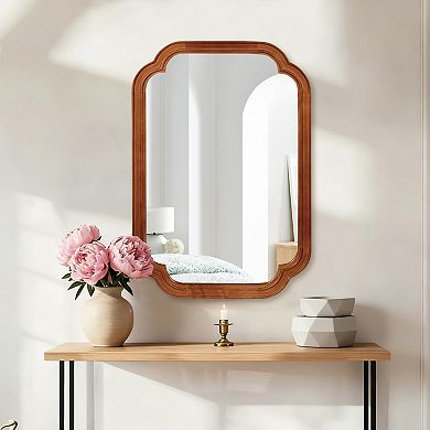 TOEMOA Natural Wood Rounded Corner Wall Mirror Elegant Home Decor