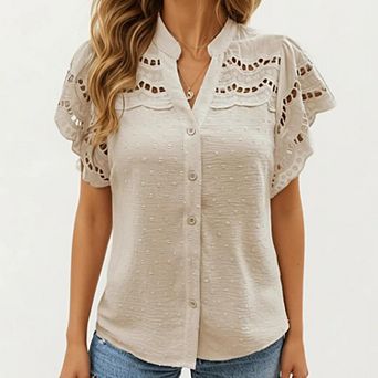 Women's Short Sleeve Button Front Blouse with Eyelet Lace Trim Flutter Sleeves Lightweight Fabric