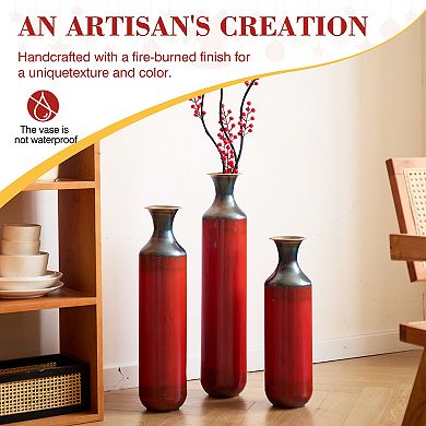 TOEMOA Handcrafted Metal Floor Vases, Set of 3 Rustic Burned Texture Decor Pieces