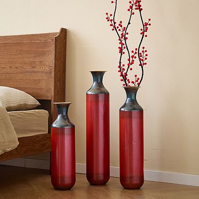 TOEMOA Handcrafted Metal Floor Vases, Set of 3 Rustic Burned Texture Decor Pieces