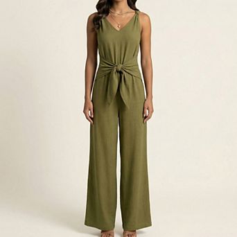 Women's Sleeveless Wide Leg Jumpsuit with V Neck Tie Waist Relaxed Fit Flowy Silhouette