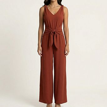 Women's Sleeveless Wide Leg Jumpsuit with V Neck Tie Waist Relaxed Fit Flowy Silhouette