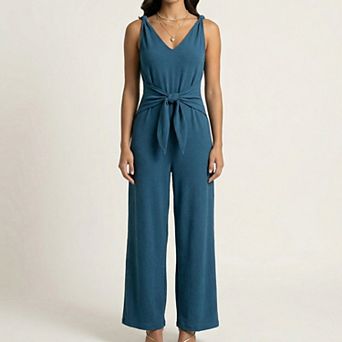 Women's Sleeveless Wide Leg Jumpsuit with V Neck Tie Waist Relaxed Fit Flowy Silhouette
