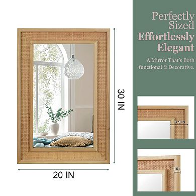 TOEMOA Natural Rattan Rectangle Solid Wood Frame Decorative Wall Mirror