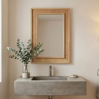 TOEMOA Natural Rattan Rectangle Solid Wood Frame Decorative Wall Mirror