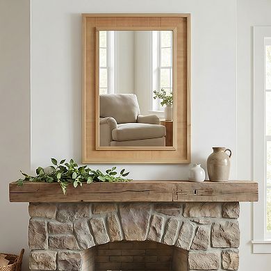 TOEMOA Natural Rattan Rectangle Solid Wood Frame Decorative Wall Mirror