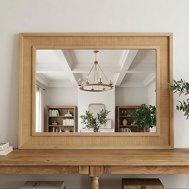 TOEMOA Natural Rattan Rectangle Solid Wood Frame Decorative Wall Mirror