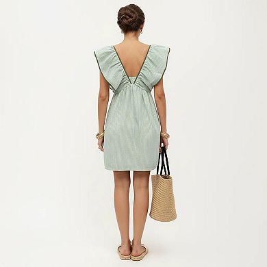Women's Short Sleeve Mini Dress with Stripe Pattern V Neck Ruffle Sleeves Front Tie Detail