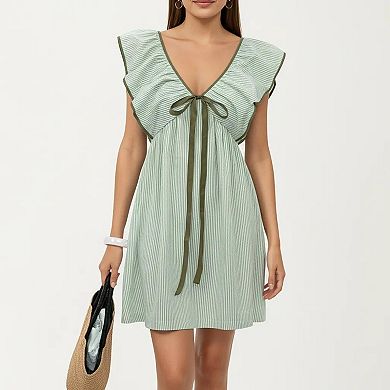 Women's Short Sleeve Mini Dress with Stripe Pattern V Neck Ruffle Sleeves Front Tie Detail
