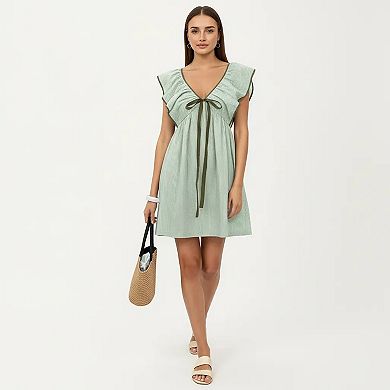 Women's Short Sleeve Mini Dress with Stripe Pattern V Neck Ruffle Sleeves Front Tie Detail