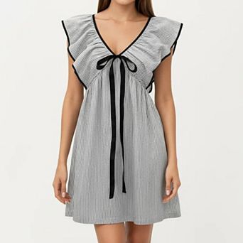 Women's Short Sleeve Mini Dress with Stripe Pattern V Neck Ruffle Sleeves Front Tie Detail