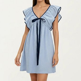 Women's Short Sleeve Mini Dress with Stripe Pattern V Neck Ruffle Sleeves Front Tie Detail