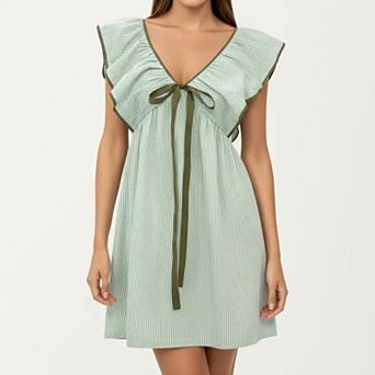 Women's Short Sleeve Mini Dress with Stripe Pattern V Neck Ruffle Sleeves Front Tie Detail