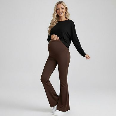Women's High Waist Maternity Flare Pants with Over Belly Panel Stretch Fitted Bootcut Lounge Pants